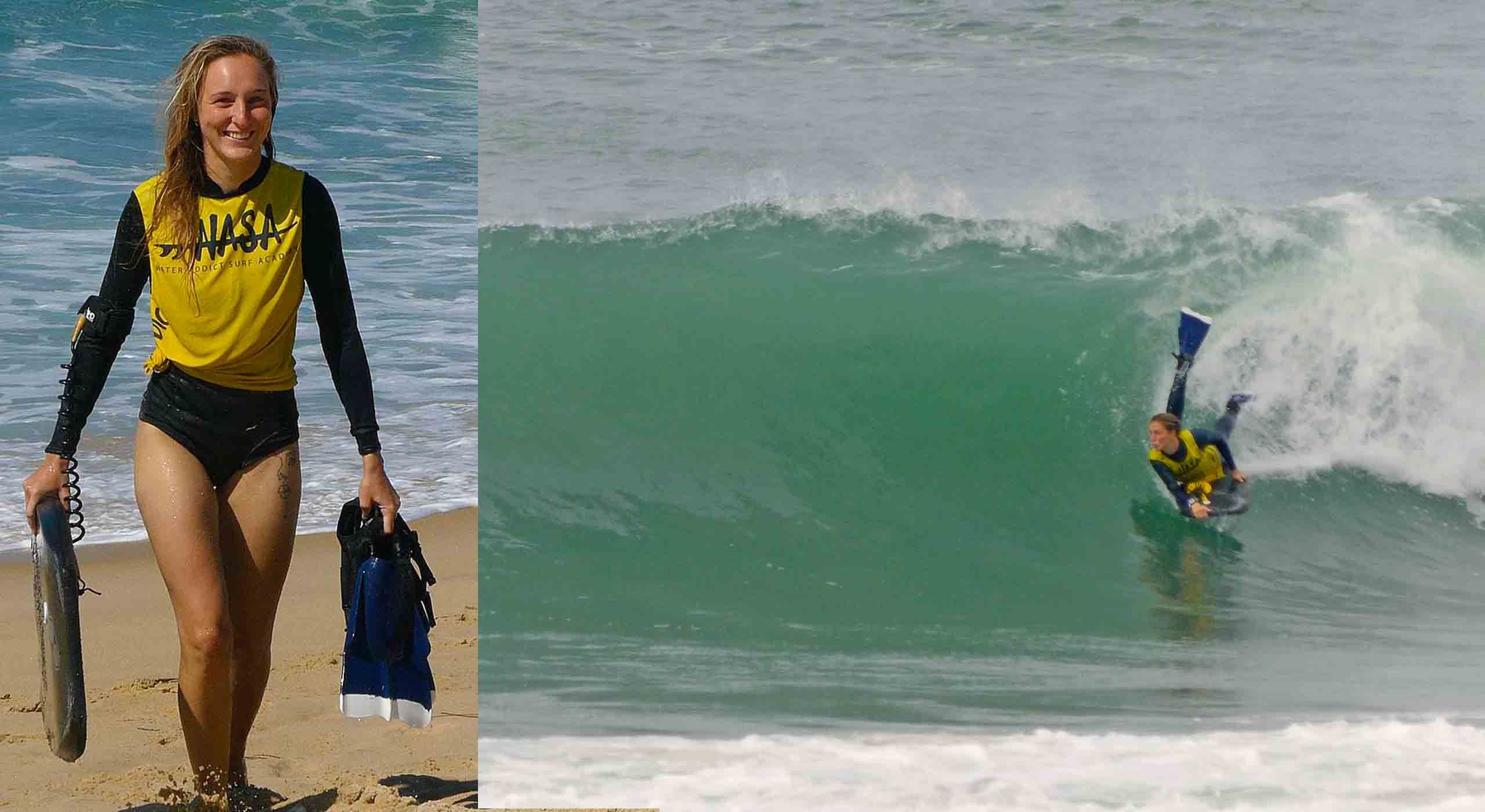 belle femme en maillot portrait et aussi sur une vague massive en coaching bodyboard capbreton